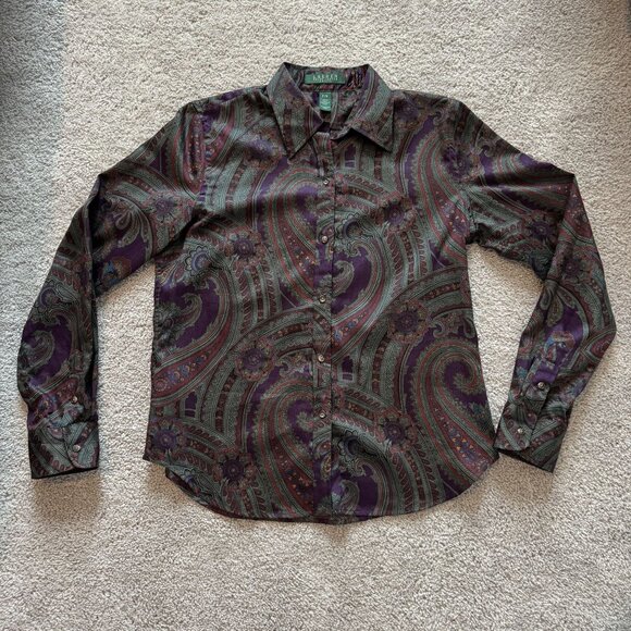 Lauren Ralph Lauren Button Up Blouse Paisley Old Money Purple Business P/M - Picture 1 of 8